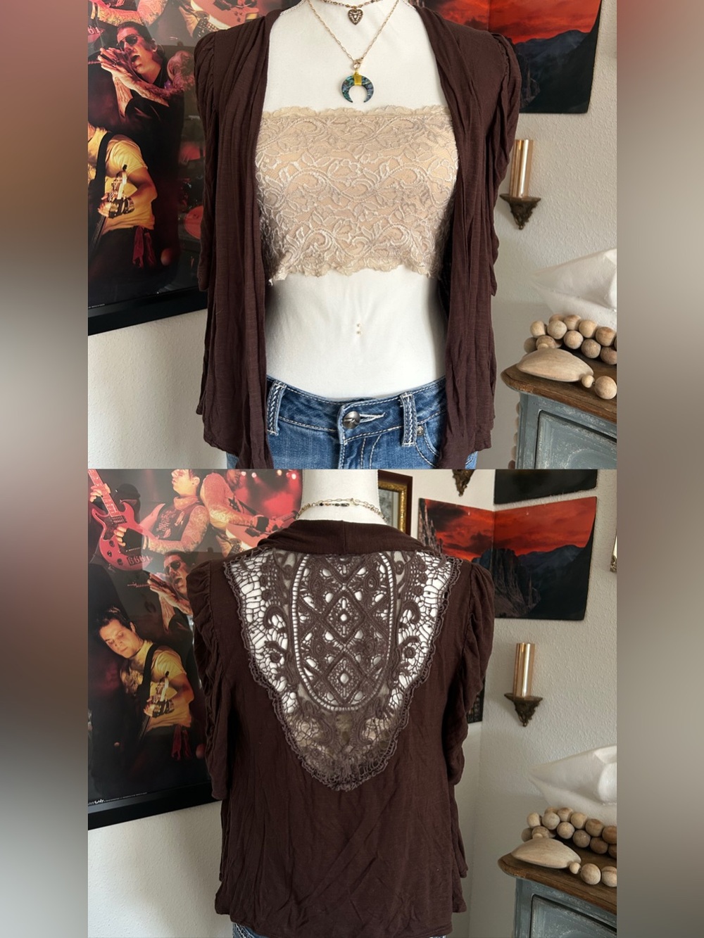Vintage Y2K Rue21 Knit Cardigan Size M Brown Ruche 3/4 Sleeves Dainty Fairy Boho